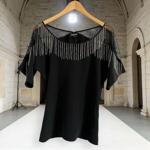 Bebe 100% Silk Black Lace Chain Fringe Blouse XS Y2K Party Top